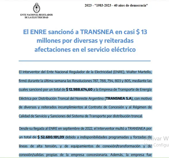 ENRE sanciona a Transnea 23-11-09