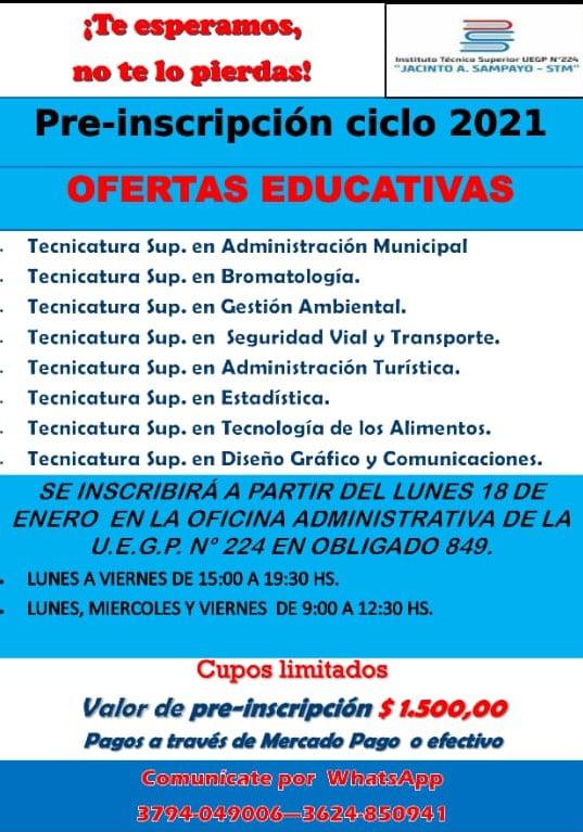 Pre inscriben para el Instituto T cnico Superior UEGP N 224