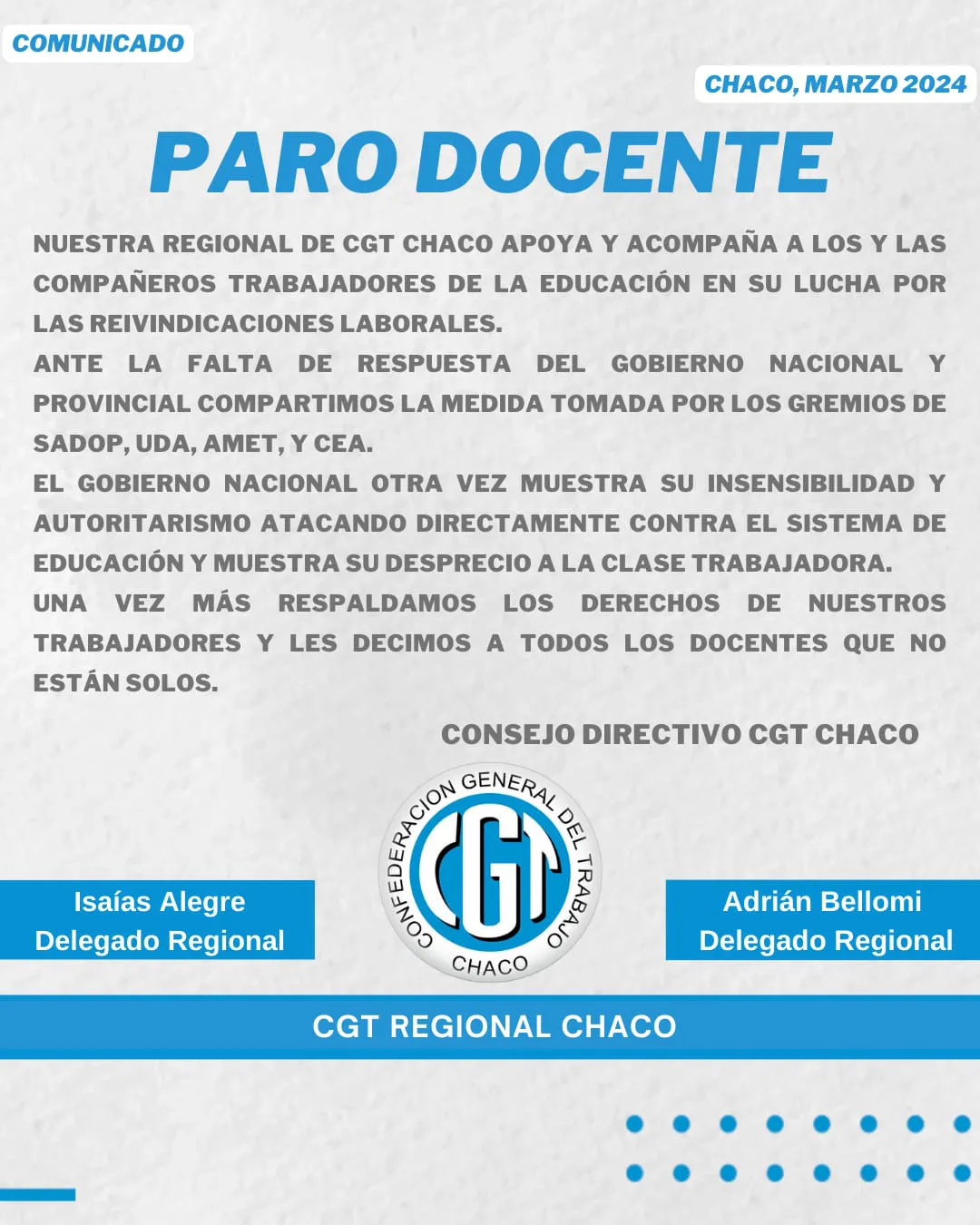 La CGT Chaco respalda la convocatoria al paro nacional docente del